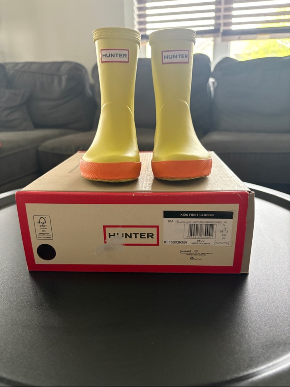 Hunter Kids Yellow Rain Boots with Orange Soles